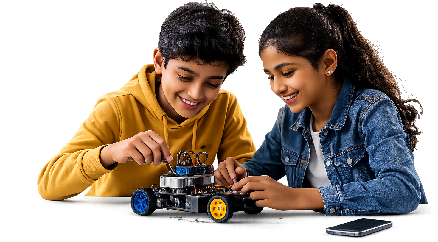 Students building a robot together